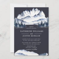 Rustic Blue Watercolor Mountain Wedding Invitation