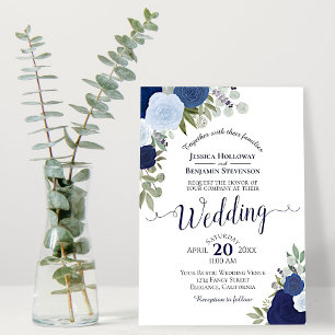 Rustic Blue Watercolor Roses Boho Floral Wedding Invitation