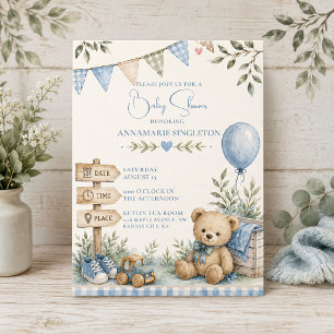 Rustic Blue Watercolor Teddy Bear Baby Boy Shower Invitation