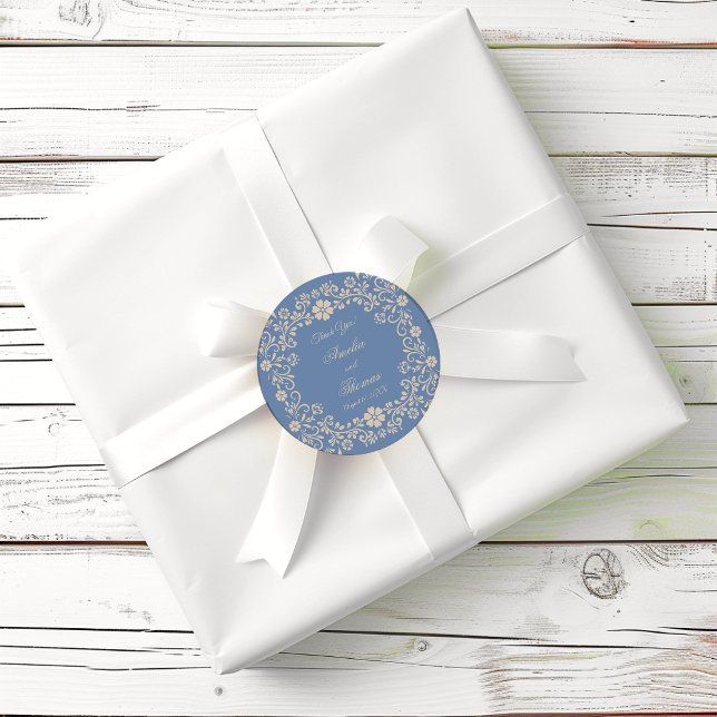 Rustic Blue Wedding Thank You Classic Round Sticker (Creator Uploaded)