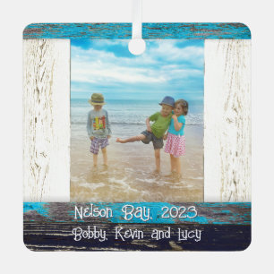 Rustic Blue White Beach Wood Text Photo Frame Metal Tree Decoration