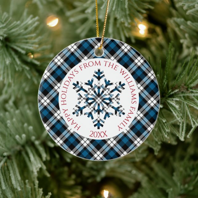 Rustic Blue White Black Tartan Checks Snowflakes Ceramic Ornament (Tree)