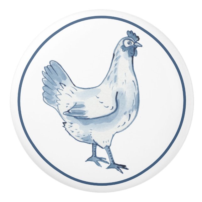 Rustic Blue & White Chicken Hen Country Delft Ceramic Knob (Front)