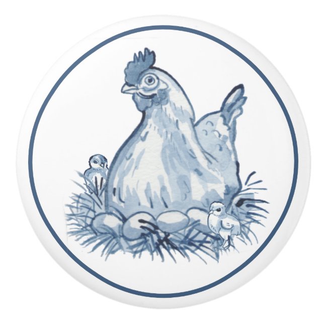 Rustic Blue & White Chicken Hen Egg Chick Country Ceramic Knob (Front)