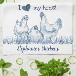 Rustic Blue & White Chicken, Hen Personalised Tea Towel