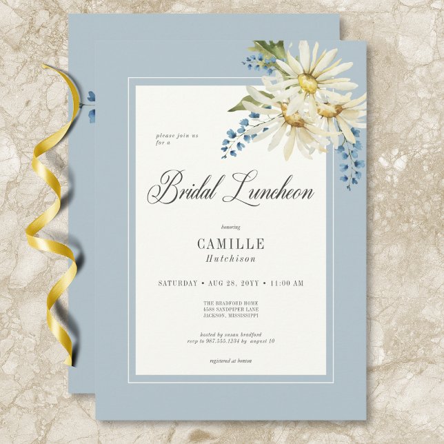 Rustic Blue & White Daisies Bridal Luncheon Invitation (Rustic Blue & White Daisies Bridal Luncheon Invitation)