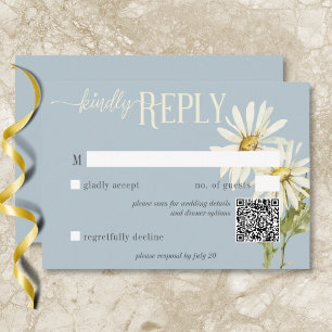 Rustic Blue & White Daisies QR Code RSVP Card