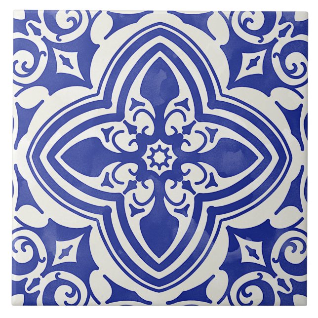Rustic Blue White Decorative Floral Ceramic Tile (Front)