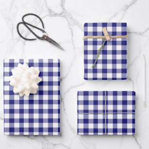Rustic Blue White Gingham Chequered Pattern Wrapping Paper Sheet
