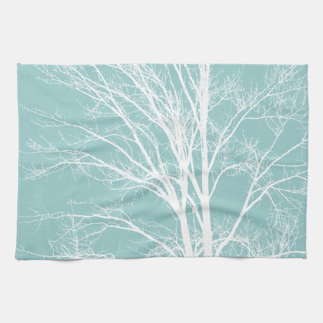 Rustic Blue White Tree Branches Tea Towel (Horizontal)