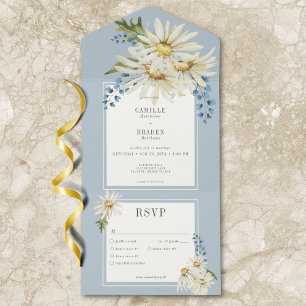 Rustic Blue & White Watercolor Daisies Dinner All In One Invitation
