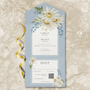 Rustic Blue & White Watercolor Daisies QR Code All In One Invitation