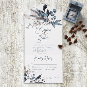 Rustic Blue & White Winter Foliage Dinner All In One Invitation