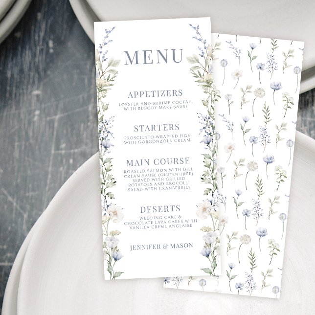 Rustic blue wildflower garden wedding menu cards (Creator Uploaded)