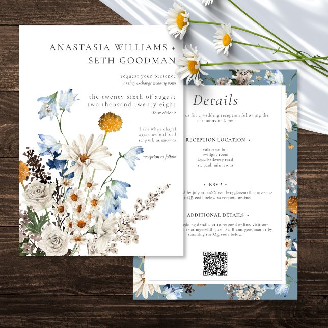 Rustic Blue Wildflowers & Daisies Wedding Two Side Invitation (Rustic Blue Wildflowers & Daisies Wedding Two Side Invitation)