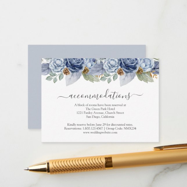 Rustic Blue Winter Floral Wedding Enclosure Card (Front/Back In Situ)