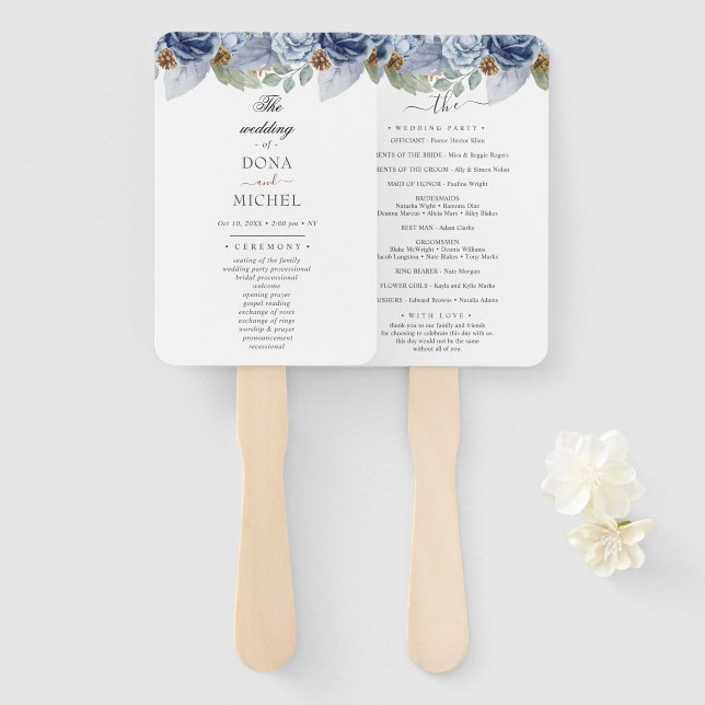Rustic Blue Winter Floral Wedding Hand Fan (Front and Back)