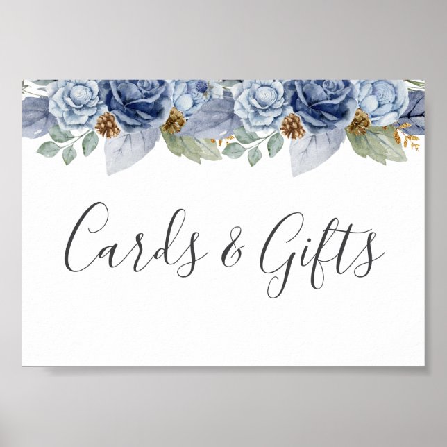 Rustic Blue Winter Floral Wedding Poster (Front)