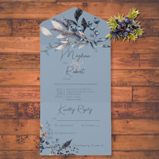 Rustic Blue Winter Foliage Blue No Dinner All In One Invitation (Also available with a QR code or with dinner selection options.)
