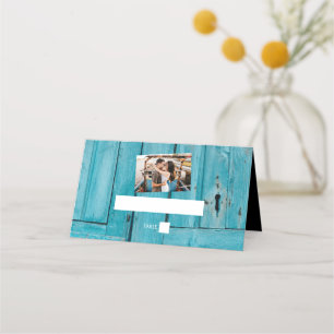 Rustic Blue Wood 1 Photo Wedding Place Card