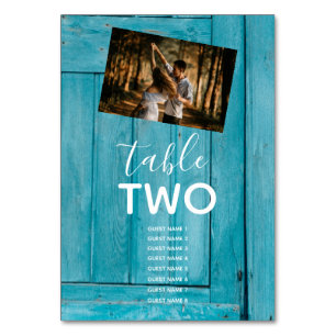 Rustic Blue Wood 2 Photos Wedding Guest Names Table Number