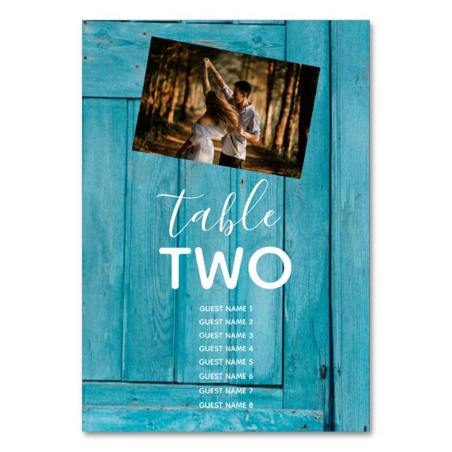 Rustic Blue Wood 2 Photos Wedding Guest Names Table Number (Front)