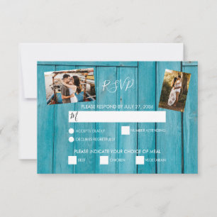 Rustic Blue Wood 3 Photos Wedding RSVP Cards