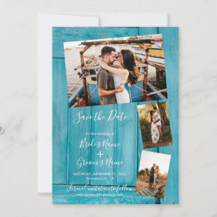 Rustic Blue Wood 3 Photos Wedding Save The Date