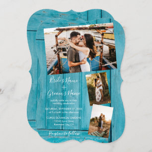 Rustic Blue Wood 4 Photos Wedding Invitations