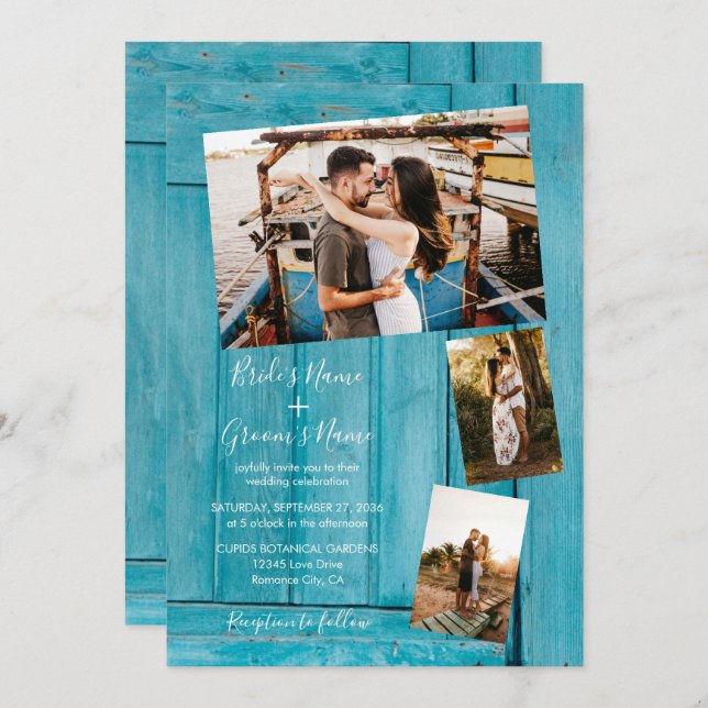 Rustic Blue Wood 4 Photos Wedding Invitations (Front/Back)