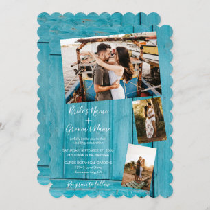 Rustic Blue Wood 4 Photos Wedding Invitations