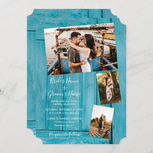 Rustic Blue Wood 4 Photos Wedding Invitations