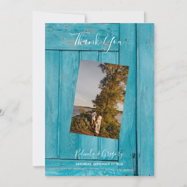 Rustic Blue Wood 4 Photos Wedding Thank You Card (Back)