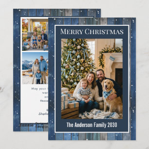 Rustic Blue Wood 5 Photo Custom Holiday Card