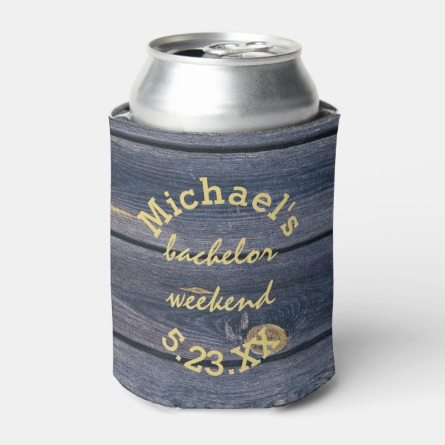Rustic Blue Wood | Bachelor Weekend Monogram Can Cooler (Can Front)