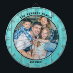 Rustic Blue Wood Beach house Family Name  Photo Dartboard<br><div class="desc">Personalised dartboard for family parties at the beach house.Add family photo , family name and established year to the rustic dartboard with a coastal blue wood texture background.</div>