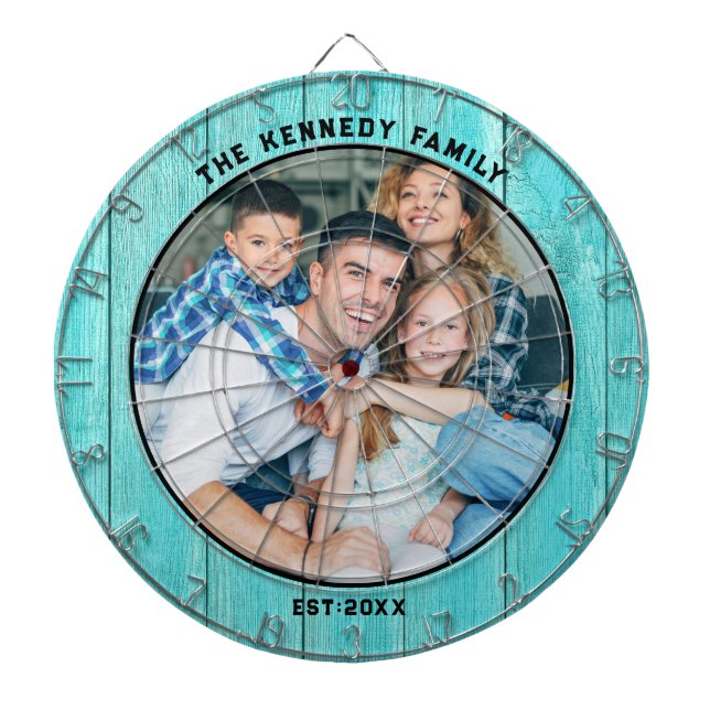 Rustic Blue Wood Beach house Family Name  Photo Dartboard (Front)