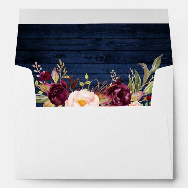 Rustic Blue Wood Burgundy Floral Invitation Envelope (Back (Bottom))