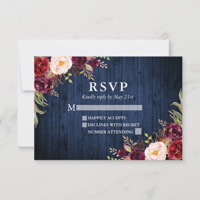 Rustic Blue Wood Burgundy Floral Wedding RSVP Card (Front)
