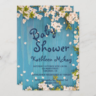 Rustic Blue wood Cherry Blossom Spring Baby Shower Invitation