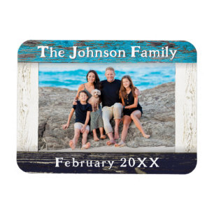 Rustic Blue Wood Family Name Photo Frame Magnet