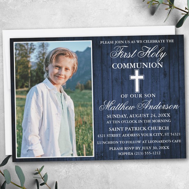 Rustic Blue Wood First Holy Communion Photo Invitation (Customize to change text size, text style or to add more text to back of card.)
