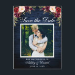 Rustic Blue Wood Floral Burgundy Save the Date Announcement Postcard<br><div class="desc">Rustic Blue Wood Save The Date Engagement Photo Postcard - Watercolor Burgundy Marsala Floral,  White Frame</div>