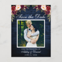 Rustic Blue Wood Floral Burgundy Save the Date