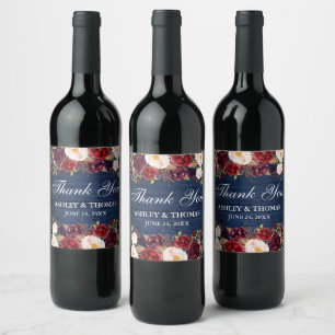 Rustic Blue Wood Floral Burgundy Wedding Thank You Wine Label