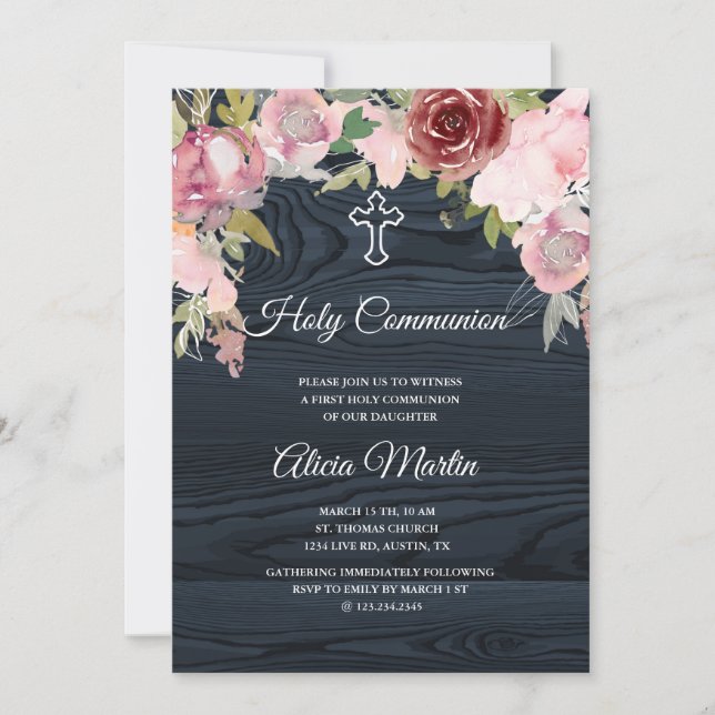 Rustic blue wood floral holy communion invitation (Front)