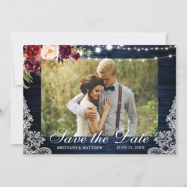Rustic Blue Wood Floral Lights Lace Photo Save The Date (Front)
