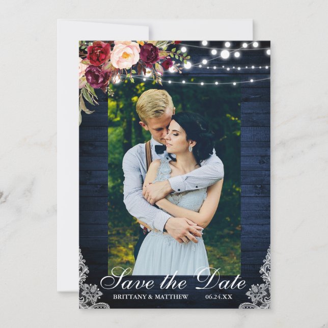Rustic Blue Wood Floral Lights Lace Save the Date (Front)