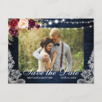 Rustic Blue Wood Floral Lights Lace Save the Date