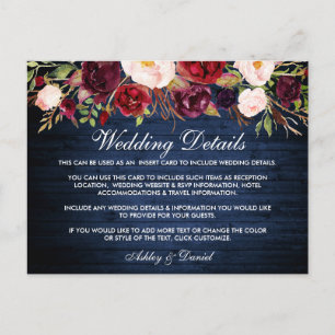 Rustic Blue Wood Floral Wedding Details Card